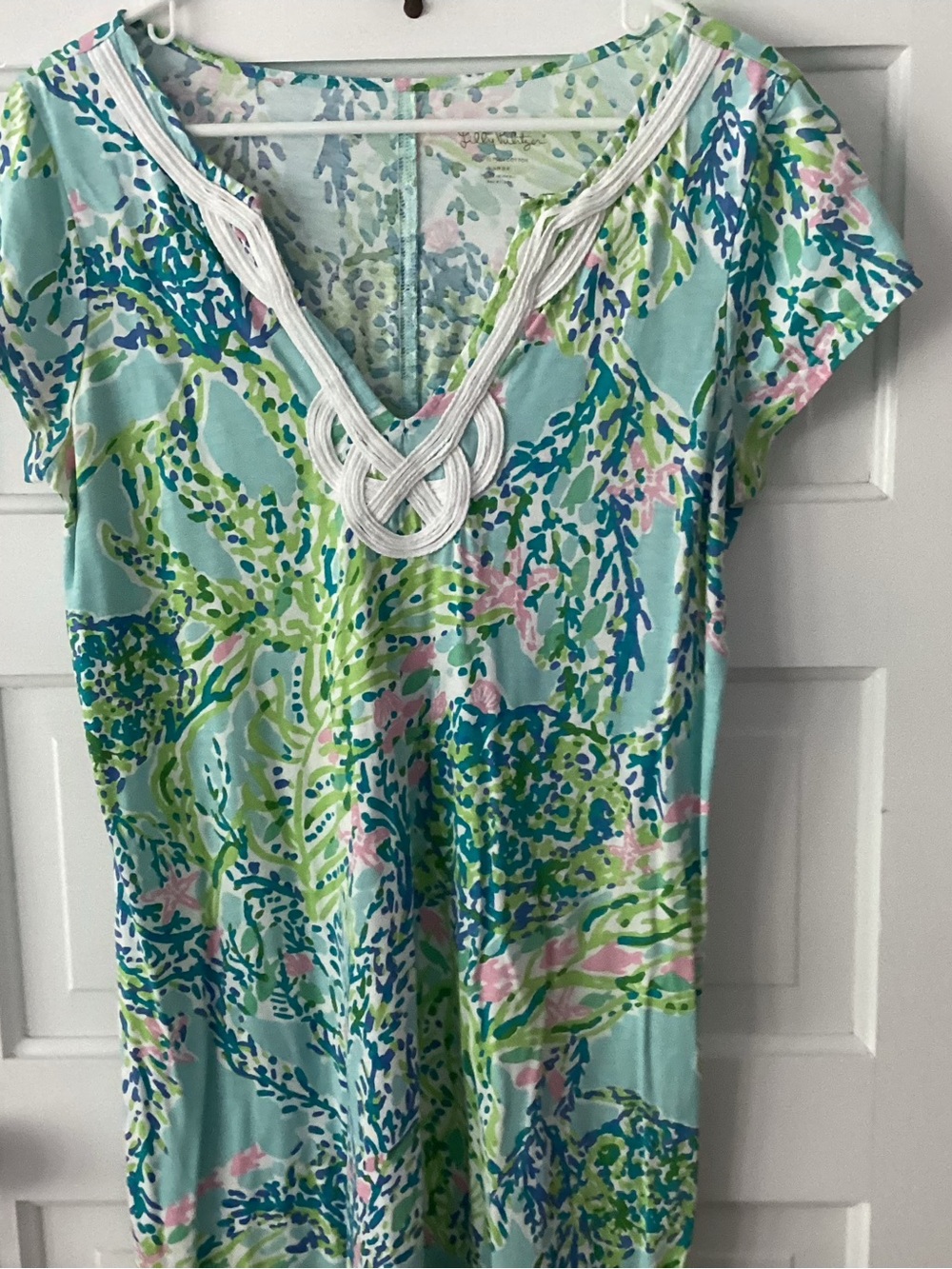 Light Blue Floral V-Neck Women's Top with White Trim
